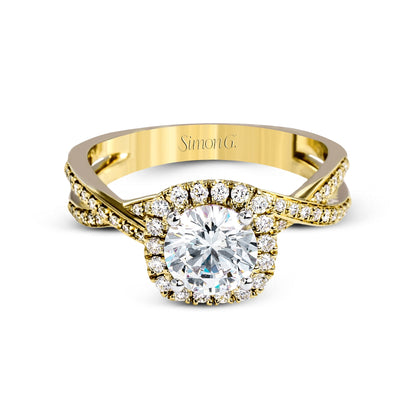 Round-cut Halo Criss-cross Engagement Ring in 18k Gold with Diamonds