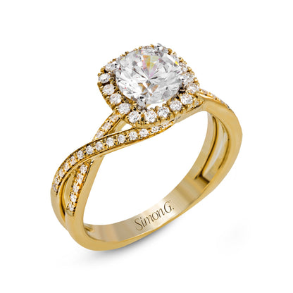 Round-cut Halo Criss-cross Engagement Ring in 18k Gold with Diamonds
