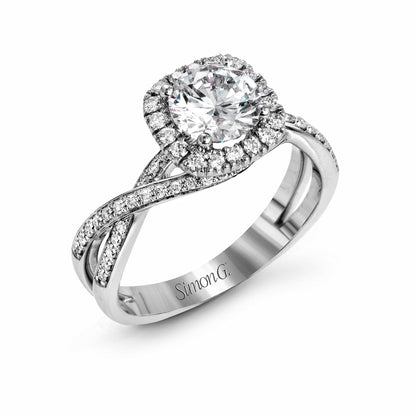 Round-cut Halo Criss-cross Engagement Ring in 18k Gold with Diamonds