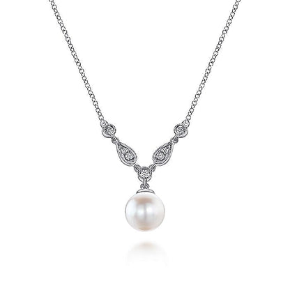 Gabriel & Co. NK1420W45PL 14K White Gold Cultured Pearl and Diamond Accent Necklace