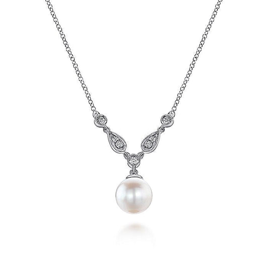 Gabriel & Co. NK1420W45PL 14K White Gold Cultured Pearl and Diamond Accent Necklace