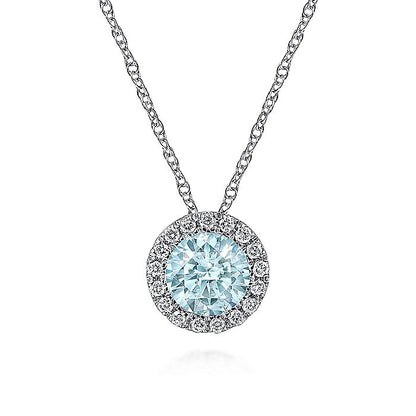 Gabriel & Co. NK2824W45AQ 14K White Gold Aquamarine and Diamond Halo Pendant Necklace