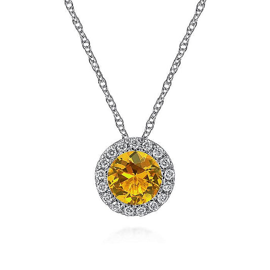 Gabriel & Co. NK2824W45CT 14K White Gold Round Citrine and Diamond Halo Pendant Necklace