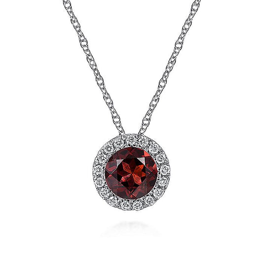 Gabriel & Co. NK2824W45GN 14K White Gold Garnet and Diamond Halo Pendant Necklace