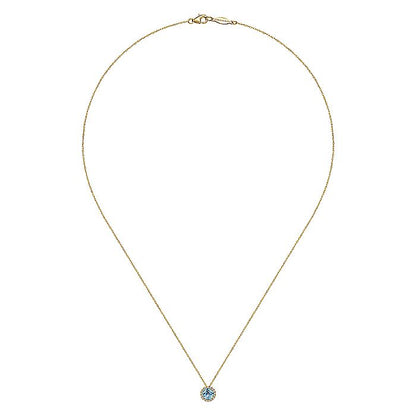 Gabriel & Co. NK2824Y45BT 14K Yellow Gold Round Swiss Blue Topaz and Diamond Halo Pendant Necklace