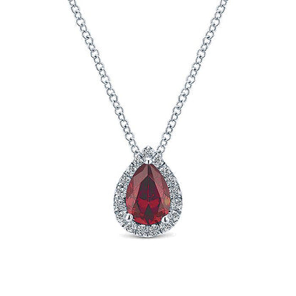 Gabriel & Co. NK3603W45RA 18 inch 14K White Gold Pear Shaped Ruby and Diamond Halo Pendant Necklace