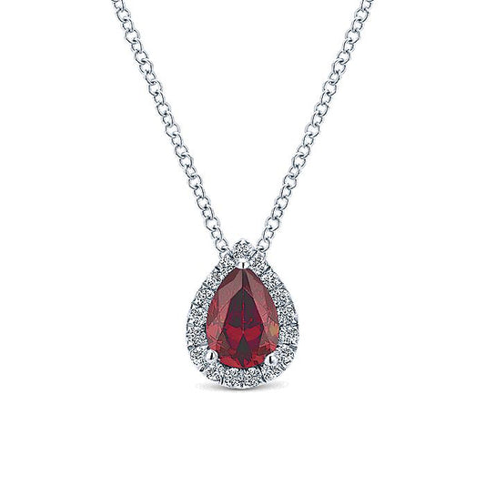 Gabriel & Co. NK3603W45RA 18 inch 14K White Gold Pear Shaped Ruby and Diamond Halo Pendant Necklace
