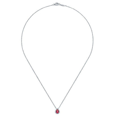 Gabriel & Co. NK3603W45RA 18 inch 14K White Gold Pear Shaped Ruby and Diamond Halo Pendant Necklace