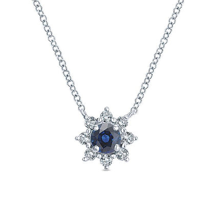 Gabriel & Co. NK3952W45SA 18 inch 14K White Gold Sapphire and Diamond Halo Floral Pendant Necklace