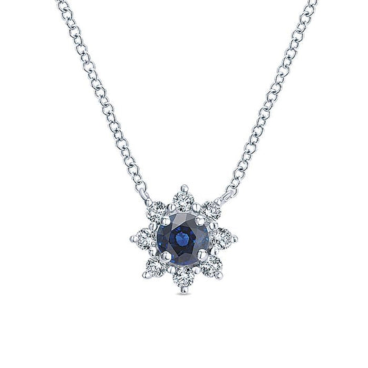 Gabriel & Co. NK3952W45SA 18 inch 14K White Gold Sapphire and Diamond Halo Floral Pendant Necklace