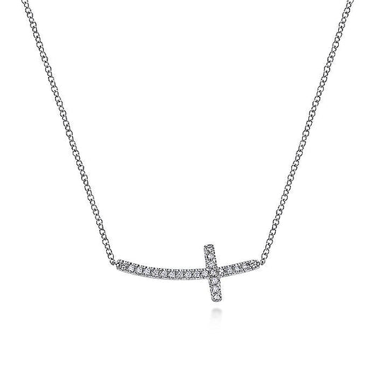 Gabriel & Co. NK4346W45JJ 14K White Gold Sideways Curved Diamond Cross Necklace