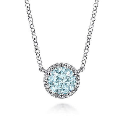 Gabriel & Co. NK4616W45AQ 14K White Gold Round Aquamarine and Diamond Halo Pendant Necklace