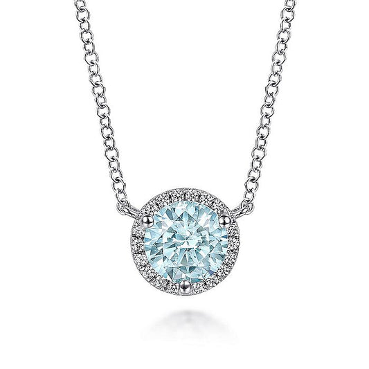 Gabriel & Co. NK4616W45AQ 14K White Gold Round Aquamarine and Diamond Halo Pendant Necklace