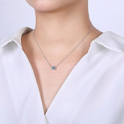 Gabriel & Co. NK4616W45AQ 14K White Gold Round Aquamarine and Diamond Halo Pendant Necklace