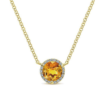 Gabriel & Co. NK4616Y45CT 14K Yellow Gold Round Citrine and Diamond Halo Pendant Necklace