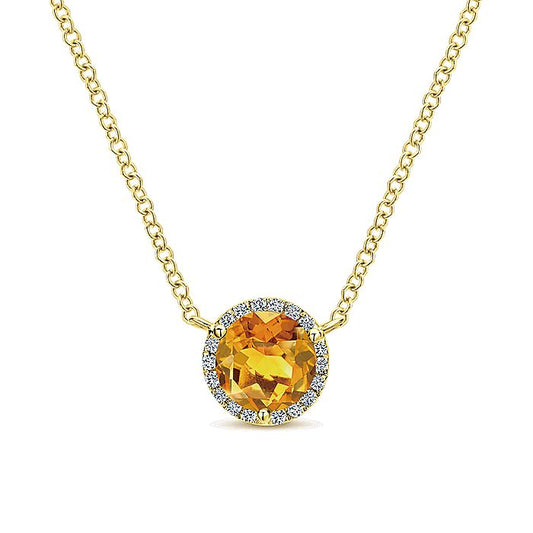 Gabriel & Co. NK4616Y45CT 14K Yellow Gold Round Citrine and Diamond Halo Pendant Necklace
