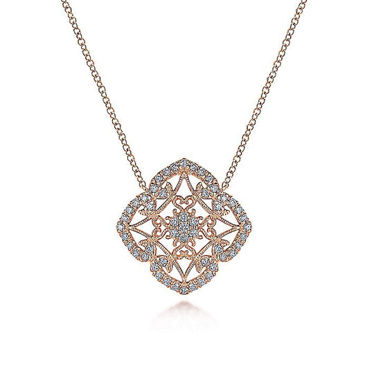 Gabriel & Co. NK4751K45JJ Vintage Inspired 14K Rose Gold Filigree Diamond Pendant Necklace