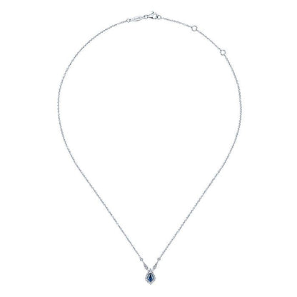 Gabriel & Co. NK5292W45SA Vintage Inspired 14K White Gold Teardrop Sapphire and Diamond Halo Pendant Necklace