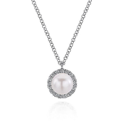 Gabriel & Co. NK5619W45PL 14K White Gold Cultured Pearl and Diamond Halo Pendant Necklace