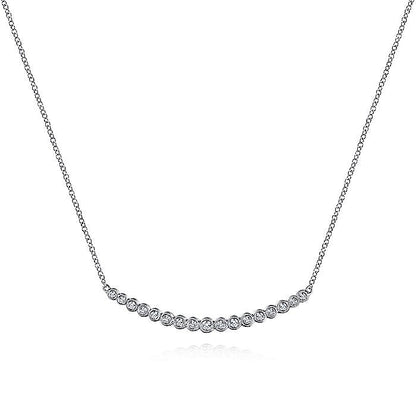 Gabriel & Co. NK5796W45JJ 14K White Gold Curved Bar Necklace with Bezel Set Round Diamonds