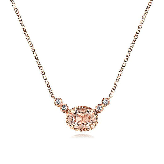 Gabriel & Co. NK5937K45MO 14K Rose Gold Oval Morganite Pendant Necklace with Diamond Accents
