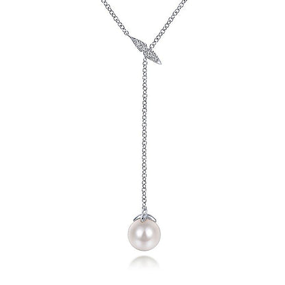 Gabriel & Co. NK5963W45PL 14K White Gold Diamond Bar Y Necklace with Cultured Pearl Drop
