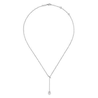 Gabriel & Co. NK5963W45PL 14K White Gold Diamond Bar Y Necklace with Cultured Pearl Drop
