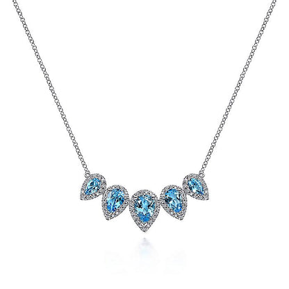 Gabriel & Co. NK6079W45BT Graduating 14K White Gold Pear Shaped Blue Topaz and Diamond Halo Necklace