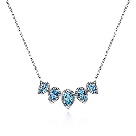 Gabriel & Co. NK6079W45BT Graduating 14K White Gold Pear Shaped Blue Topaz and Diamond Halo Necklace