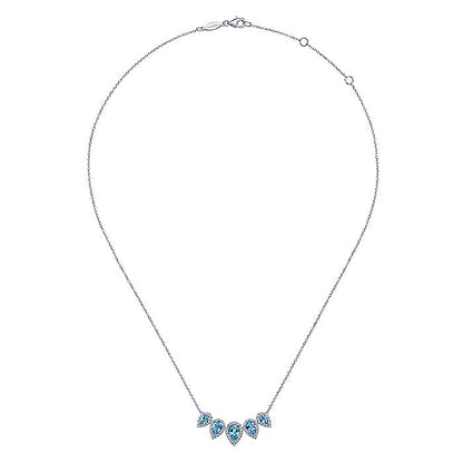 Gabriel & Co. NK6079W45BT Graduating 14K White Gold Pear Shaped Blue Topaz and Diamond Halo Necklace