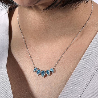 Gabriel & Co. NK6079W45BT Graduating 14K White Gold Pear Shaped Blue Topaz and Diamond Halo Necklace