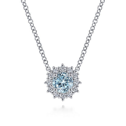 Gabriel & Co. NK6143W45AQ 18 inch 14K White Gold Round Aquamarine and Diamond Halo Pendant Necklace