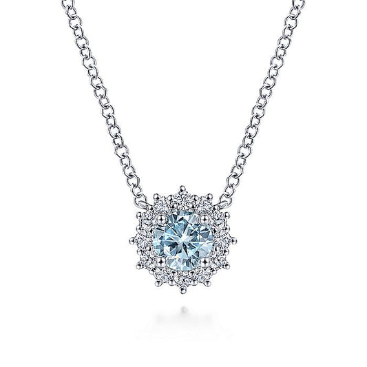 Gabriel & Co. NK6143W45AQ 18 inch 14K White Gold Round Aquamarine and Diamond Halo Pendant Necklace