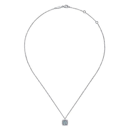 Gabriel & Co. NK6144W45AQ 14K White Gold Round Aquamarine and Cushion Diamond Halo Pendant Necklace