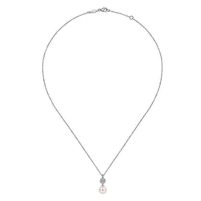 Gabriel & Co. NK6335W45PL 14K White Gold Diamond Pavé Halo and Pearl Drop Pendant Necklace