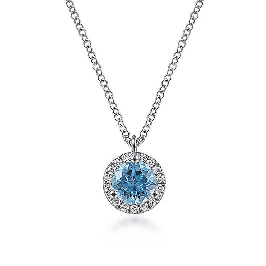 Gabriel & Co. NK6341W45BT 18 inch 14K White Gold Round Blue Topaz and Diamond Halo Pendant Necklace