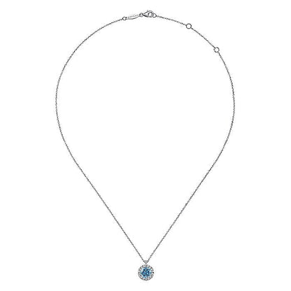 Gabriel & Co. NK6341W45BT 18 inch 14K White Gold Round Blue Topaz and Diamond Halo Pendant Necklace