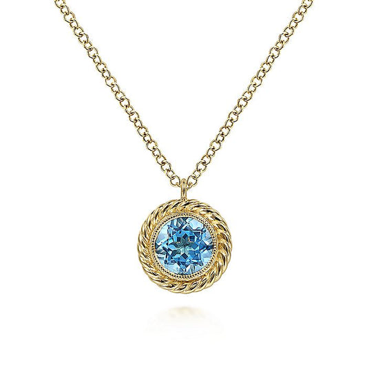 Gabriel & Co. NK6345Y4JBT 14K Yellow Gold Round Blue Topaz and Twisted Rope Pendant Necklace
