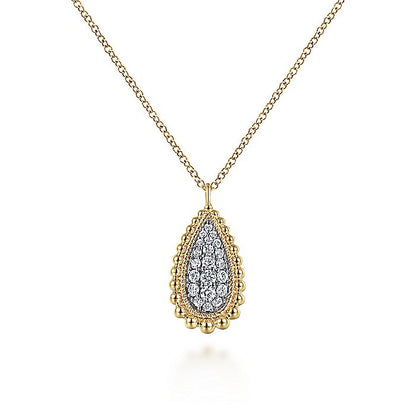 Gabriel & Co. NK6357Y45JJ 14K Yellow Gold Teardrop Diamond Pavé Pendant Necklace with Beaded Frame