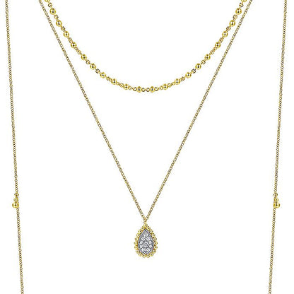 Gabriel & Co. NK6369M45JJ 14K Yellow Gold 3 Strand Teardrop Diamond Pavé Necklace with Drops