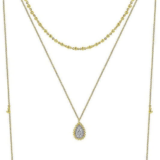 Gabriel & Co. NK6369M45JJ 14K Yellow Gold 3 Strand Teardrop Diamond Pavé Necklace with Drops