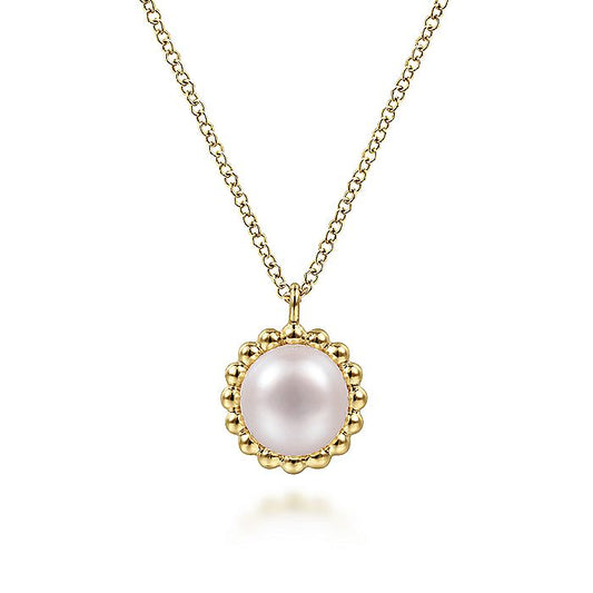 Gabriel & Co. NK6412Y4JPL 14K Yellow Gold Round Pearl Pendant Necklace with Bujukan Beaded Frame