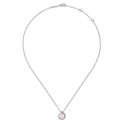 Gabriel & Co. NK6437W45PL 14K White Gold Round Pearl Pendant Necklace with Diamond Halo Swirl