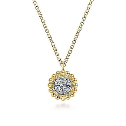 Gabriel & Co. NK6465Y45JJ 14K Yellow Gold Round Diamond Cluster Pendant Necklace with Bujukan Frame