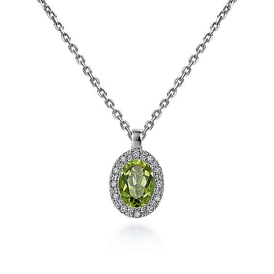Gabriel & Co. NK647W45PE 18 inch 14K White Gold Peridot and Diamond Halo Drop Necklace