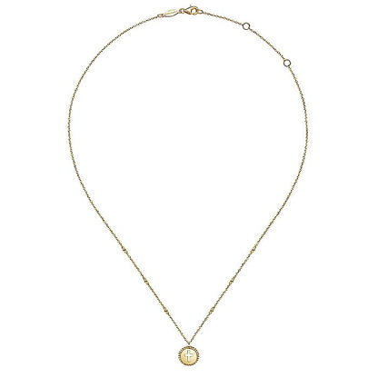 Gabriel & Co. NK6490Y4JJJ 14K Yellow Gold Round Cutout Cross Pendant Necklace with Bujukan Bead Frame