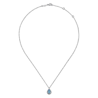 Gabriel & Co. NK6629W45BT 14K White Gold Pear Shape Blue Topaz and Diamond Halo Pendant Necklace