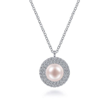 Gabriel & Co. NK6633W45PL 14K White Gold Round Pearl and Diamond Halo Pendant Necklace