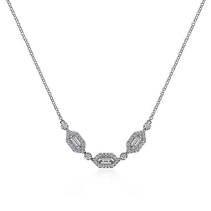 Gabriel & Co. NK6646W44JJ 14K White Gold Baguette and Round Hexagonal Station Diamond Necklace
