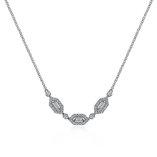 Gabriel & Co. NK6646W44JJ 14K White Gold Baguette and Round Hexagonal Station Diamond Necklace